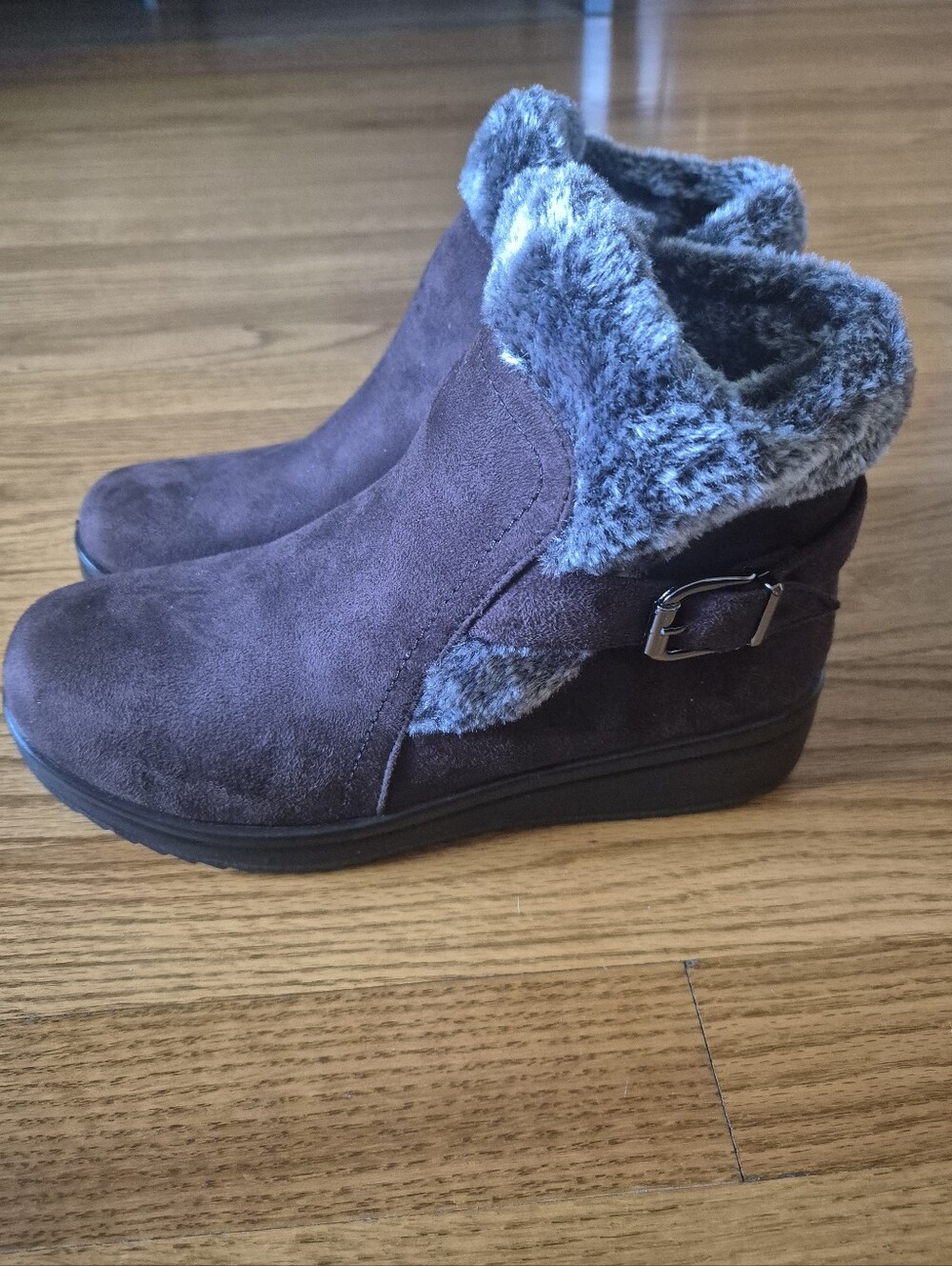 Flexus Women's Faux-Suede Ankle Winter Boots with Faux-Fur Cuff in Dark Brown